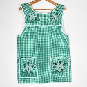 Green Gingham Mexican Mandil Apron with Embroidered Flowers Womens Sleeveless